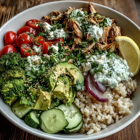 A vibrant Rotisserie Chicken Bowl with brown rice, avocado, cherry tomatoes, and drizzled tzatziki sauce.