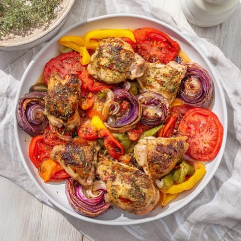 Golden brown Easy Sheet Pan Greek Chicken alongside tender vegetables, perfect for a weeknight dinner.