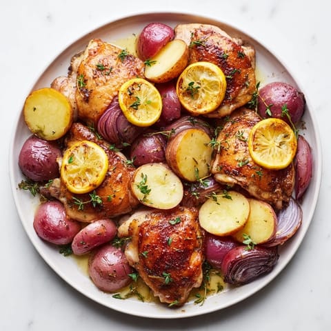 Fragrant One-Dish Baked Chicken Thighs with Lemon and Thyme served with bright lemon slices and fluffy potatoes.