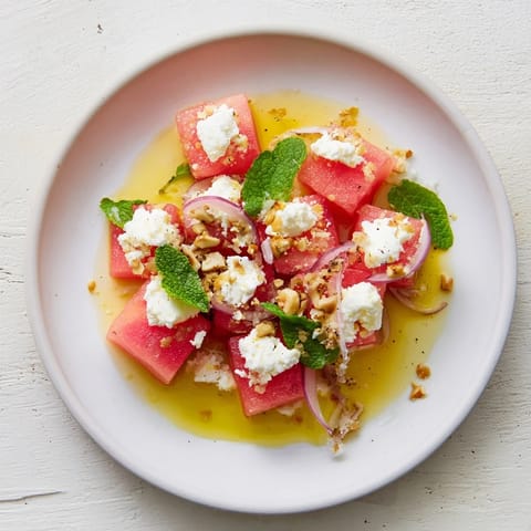 A close-up of Fresh Watermelon and Feta Salad, showcasing the crumbled feta and fresh mint leaves.