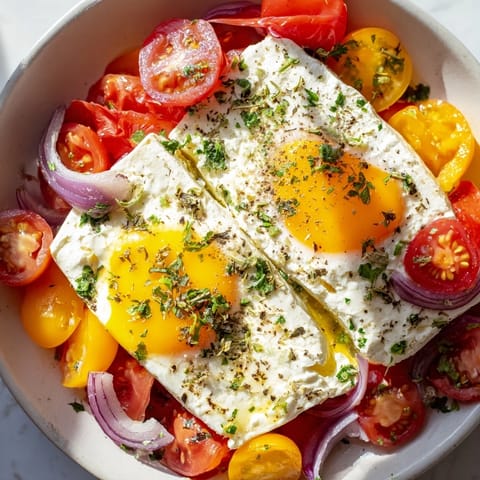 The Mediterranean Baked Feta & Eggs dish features baked feta, set eggs, and colorful vegetables, ready to eat.