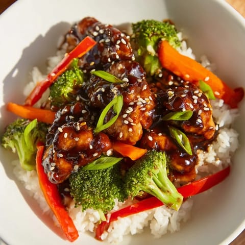 Perfectly glazed teriyaki chicken glistening in its savory sauce, alongside vibrant vegetables and rice.