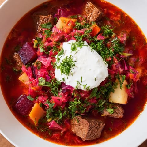 Hearty Ukrainian borscht soup: a colorful close-up shows tender beef and vibrant vegetables in broth.