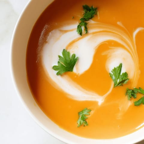 The rich, velvety texture of Carrot-Based Creamy Soup is visible in a rustic, white ceramic bowl.