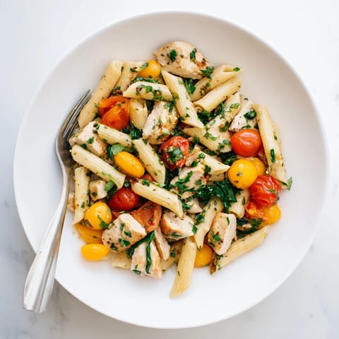 A close-up of One-Pan Lemon Herb Pasta Chicken, topped with melted Parmesan and fresh parsley, perfect for an easy weeknight Mediterranean meal.