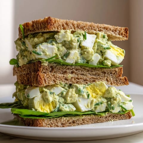 Ripe avocado egg salad sandwich on toasted bread with chopped eggs, Greek yogurt, and fresh chives, served with lemon wedges.
