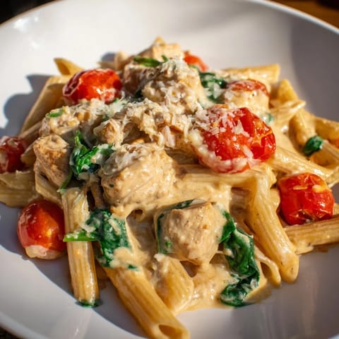 Steam rises from a bowl of Greek yogurt chicken pasta, showcasing tender chicken, vibrant tomatoes, and a sprinkle of Parmesan cheese next to a rustic wooden spoon.