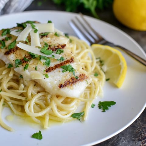 A vibrant plate of Lemon Bass Pasta featuring tender grilled sea bass fillets, zesty lemon-herb spaghetti, and a sprinkle of Parmesan cheese.  
