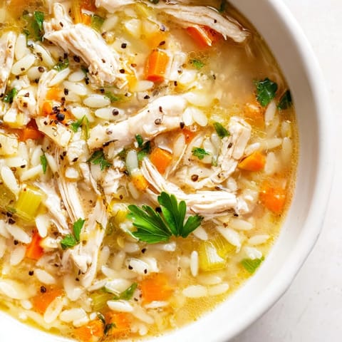 Close-up of Lemon Pepper Chicken Orzo Soup in a rustic bowl, featuring al dente orzo pasta swimming in a golden broth.