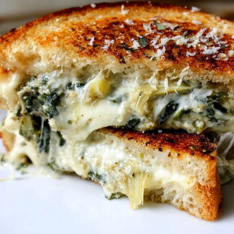 A thick Artichoke Spinach Grilled Cheese on buttery sourdough, revealing a vibrant green filling of spinach and tender artichokes.  