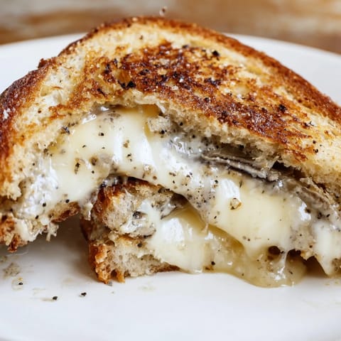 Crusty Truffle Grilled Cheese with melted Gruyère, served hot from a skillet with a light dusting of black pepper.  