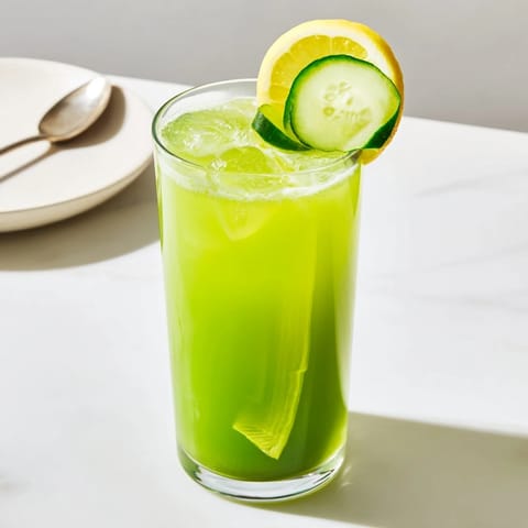 A close-up of vibrant green detox juice made with kale, cabbage, cucumber, and crisp green apple.  