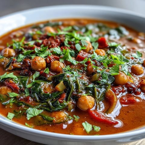A close-up of vibrant Spicy Chickpea Stew in a rustic bowl, garnished with fresh cilantro and a lemon wedge.