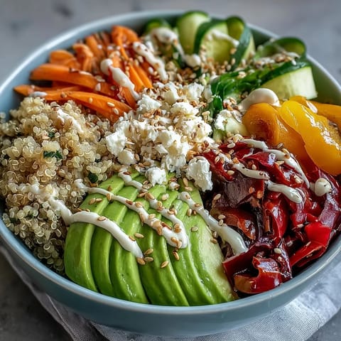 A vibrant Rainbow Buddha Bowl With Quinoa features colorful veggies, avocado, and creamy tahini dressing for a nourishing meal.