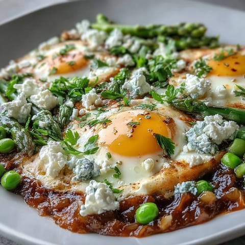 Colorful spring-inspired Pea and Broad Bean Shakshuka featuring tender asparagus and peas, garnished with fresh mint and crumbled feta.  