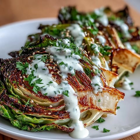 Tender roasted cabbage wedges with crisp edges, served warm and topped with a nutty tahini sauce and toasted sesame seeds.