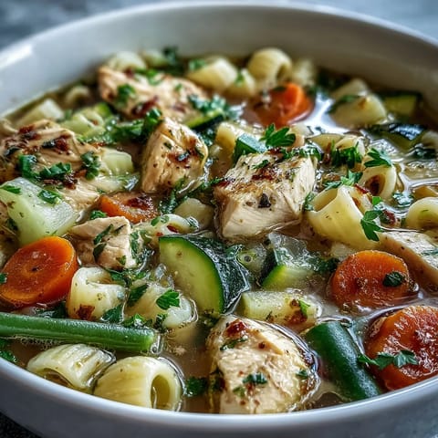Pasta Soup With Chicken and Vegetables served in a rustic mug, garnished with fresh parsley, alongside crusty bread for dipping into the hearty broth.