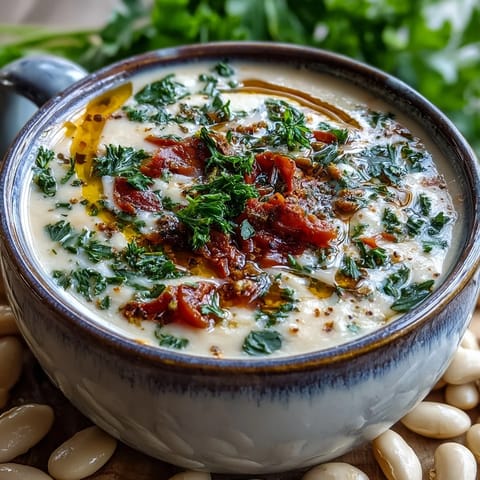Close-up of velvety White Bean Soup With Tomato served in a rustic mug, paired with a slice of crusty bread.