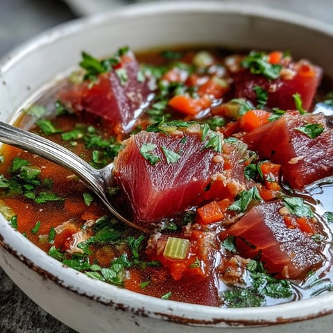 Close-up of Tuna and Tomato Soup in a rustic bowl, showcasing tender tuna flakes and aromatic herbs.