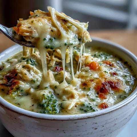 Close-up of the Best Chicken Broccoli Cheddar Soup featuring tender chicken pieces, vibrant green broccoli florets, and melted cheddar cheese.