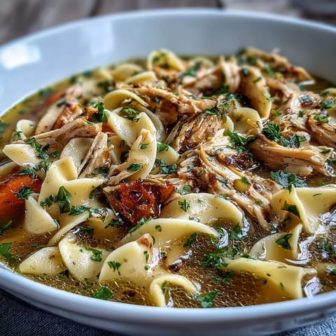 Homemade Chicken and Noodle Soup with wide egg noodles, fresh parsley, and savory aromatics, ready to warm up on a chilly evening.