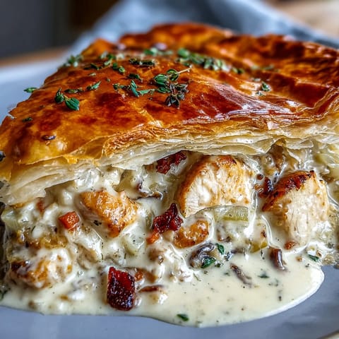 Steam rises from a rustic Chicken and Leek Pie served alongside buttery mashed potatoes and fresh thyme sprigs.