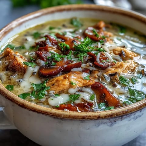 Hearty Parmesan Mushroom Chicken and Wild Rice Soup simmering in a pot, featuring earthy mushrooms, diced carrots, celery, and melted Parmesan cheese for a comforting meal.