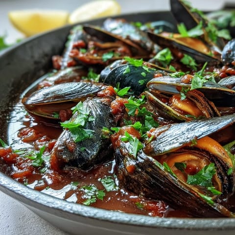 Tender Smoky Mussels Pomodoro served in a rustic bowl, garnished with parsley and lemon wedges.