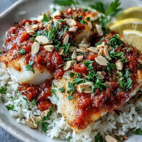 Roasted cod fillets in a zesty tomato sauce, topped with crunchy spiced almonds and served over aromatic ginger rice.