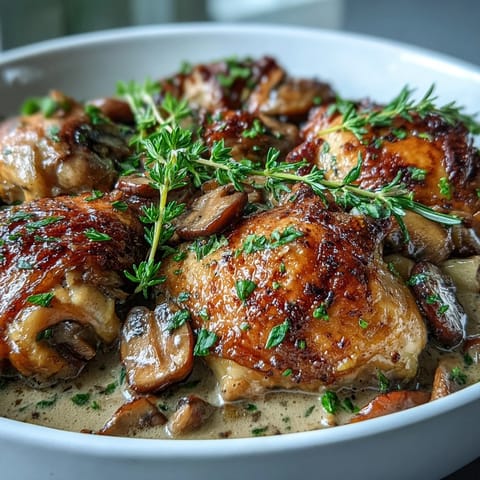 Freshly seared Coq au Vin Rosé with tender chicken, mushrooms, and a creamy pink sauce served in a rustic pot.