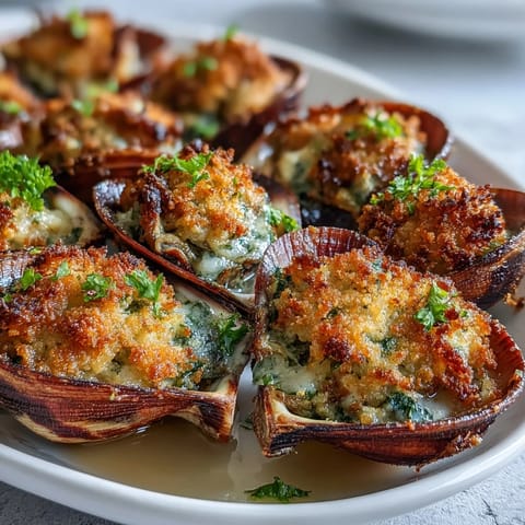 Fork holding a bite of Roasted Clams With Lemony Panko, showcasing the crispy, zesty breadcrumb topping and tender clam meat.