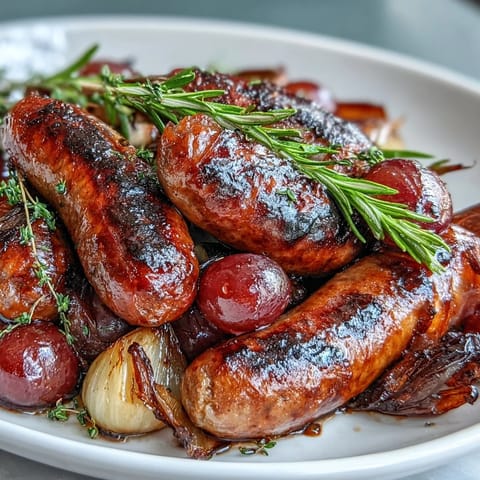 Juicy Italian sausages and caramelized red grapes roasted with rosemary on a sheet pan, served hot with pan juices.