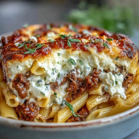 Freshly baked Cottage Cheese Protein Pasta Bake with ground beef is pulled from the oven, cheese melted and lightly browned.