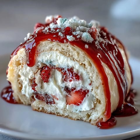 Drizzled Strawberry Shortcake Sushi Roll pieces sit beside fresh mint and a bowl of strawberry sauce on a serving platter.