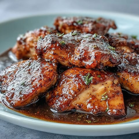 Slow Cooker Honey Mustard Chicken showcases glossy, sweet and tangy sauce clinging to juicy shredded chicken with herbs.