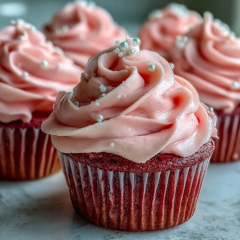 Close-up view of a sliced Pink Velvet Cupcakes with Vanilla Buttercream Frosting, revealing the tender, moist pink crumb and rich buttercream layer. 