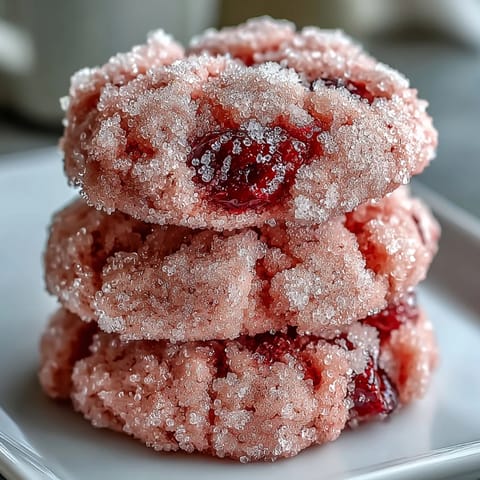 These soft chewy raspberry sugar cookies feature pillowy interiors and bright raspberry bursts, ready to enjoy as a sweet homemade dessert.  