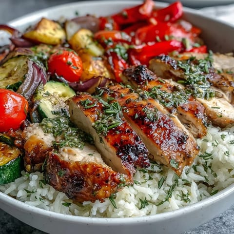 This wholesome Lemon Herb Roasted Chicken Bowl features golden-brown chicken slices, glazed vegetables, and a light zesty lemon dressing drizzle.