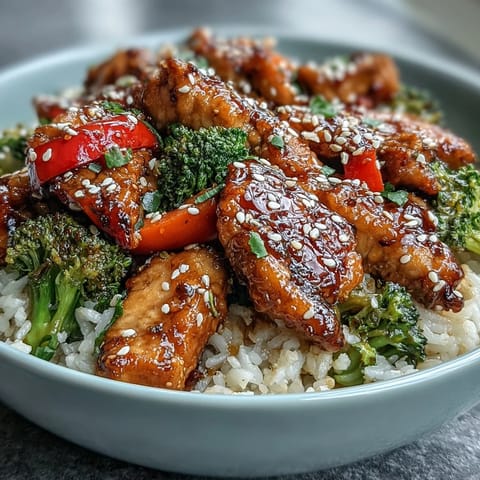 Savory Honey Garlic Chicken Bowl served over white rice, garnished with fresh green onions and sesame seeds for a colorful, family-style meal.  