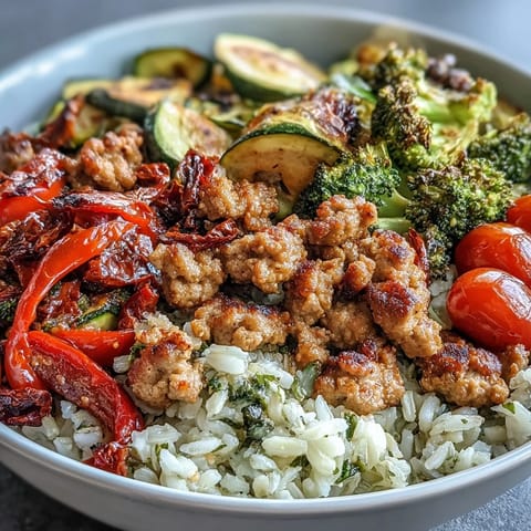 Roasted vegetables and seasoned ground turkey served over fluffy quinoa in a ceramic bowl with lime wedges.