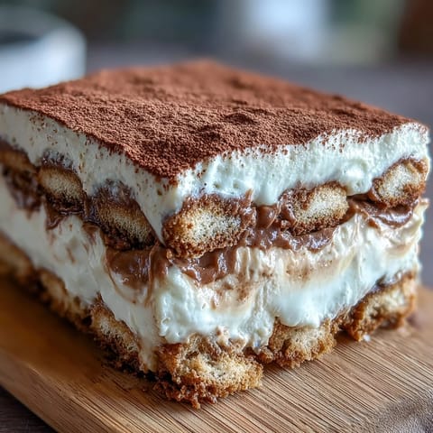 Hojicha Tiramisu layered with ladyfingers and creamy mascarpone, dusted with cocoa powder on a ceramic dish. 