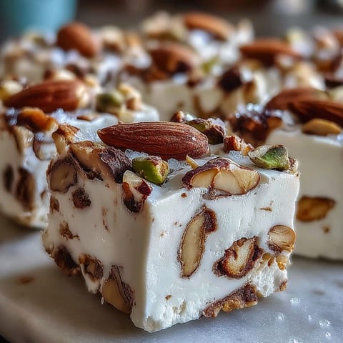 Homemade Hojicha Nougat with roasted almonds and pistachios, a chewy Japanese-inspired confection dusted with earthy green tea powder.