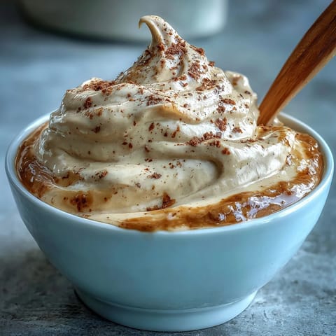 Smooth Hojicha Pastry Cream is spooned from a bowl, perfect for filling classic choux pastries or éclairs.