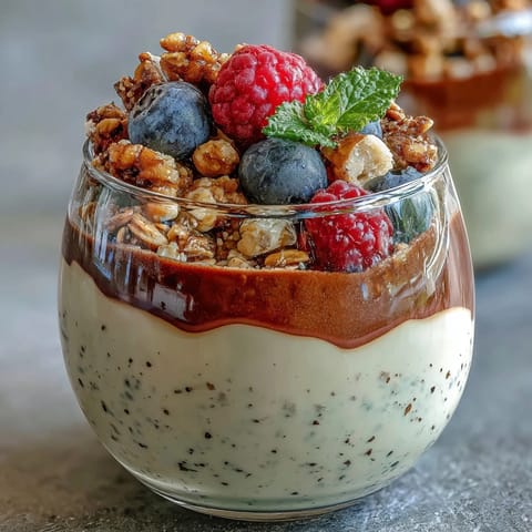 Creamy hojicha panna cotta parfait layered with fresh berries and crunchy granola in a glass.