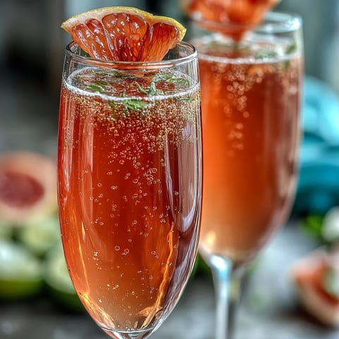 Elderflower Guava Mimosa in a champagne flute garnished with edible flowers for brunch.