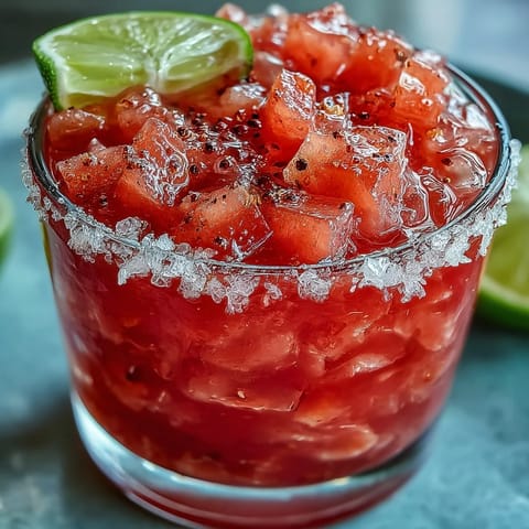 Frosted glass of the Best Guava Margarita with Tajín rim and fresh lime wheel.