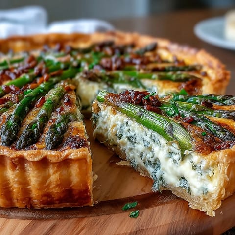 Spring Asparagus Tart with Puff Pastry, a vibrant and flaky savory tart filled with fresh asparagus, creamy cheese, and herbs, perfect for spring gatherings.