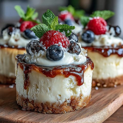 Bite-sized mini cheesecakes with a crisp graham cracker crust, topped with fresh berries for a festive dessert spread.