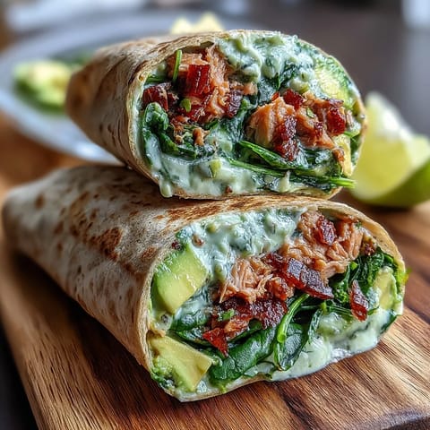 Creamy avocado tuna salad rolled in whole wheat tortillas with vibrant spinach for a protein-packed wrap.