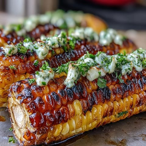 Herb butter-slathered BBQ corn in foil, infused with parsley, chives, and thyme, a classic summer side dish.